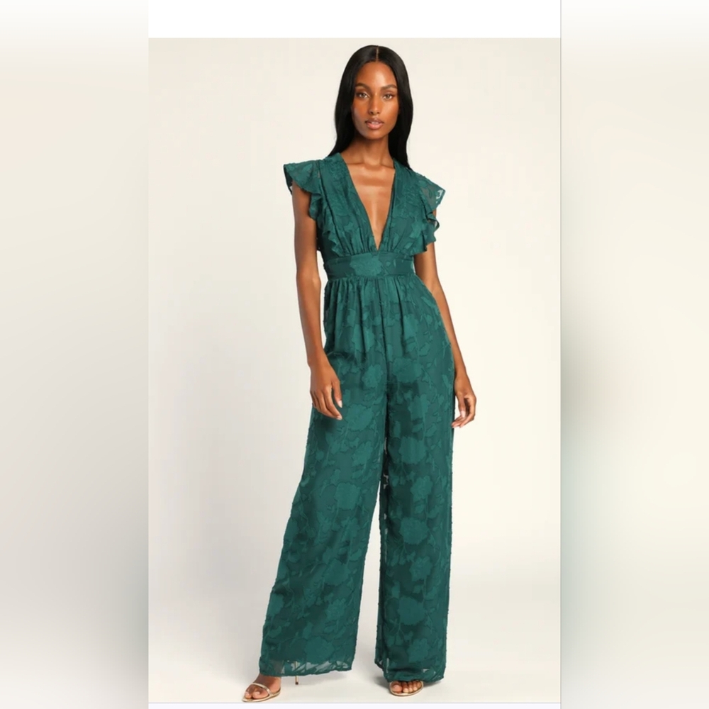 Lulu's Green Jumpsuit with Plunging V-Neck and Tie Belt - Picture 3 of 8